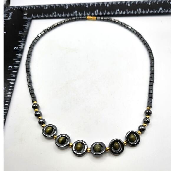 Vintage Hematite Tiger Eye Bead Necklace Gold Tone Accents 16" Choker Jewelry - Picture 5 of 7